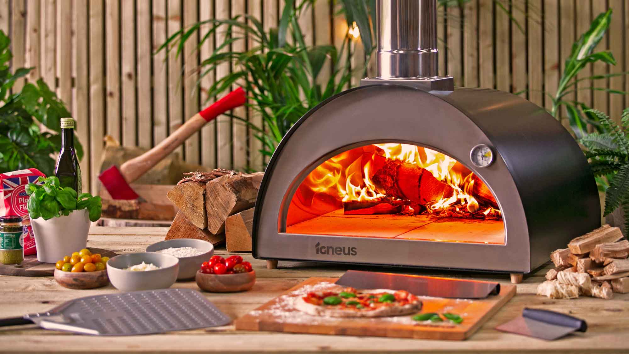 an Igneus wood fired pizza oven ready to cook a pizza